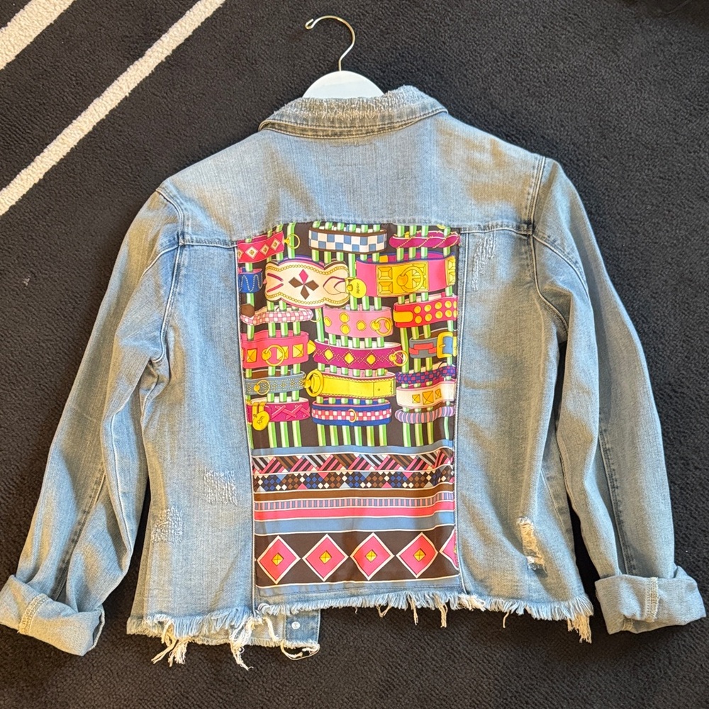 Light Wash Denim Jacket with Hermes Hermès Colliers et Chiens Silk Wash Scarf